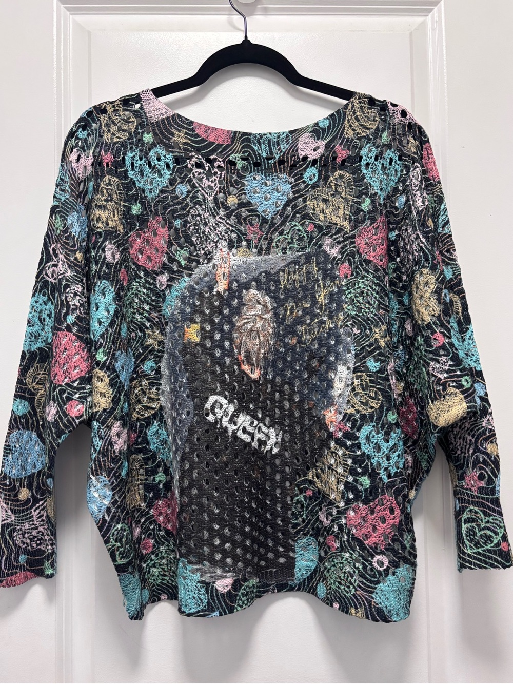 Black Multicolor Heart-Print Crewneck Sweater